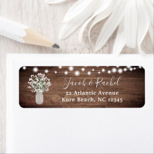 Rustic String Lights Floral Mason Jar Babys Breath Return Address Label