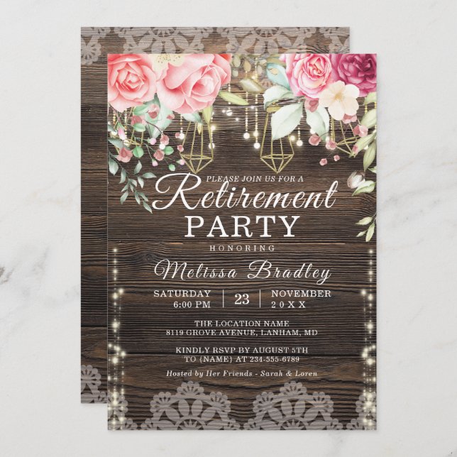 Rustic String Lights Floral Retirement Party Invitation (Front/Back)