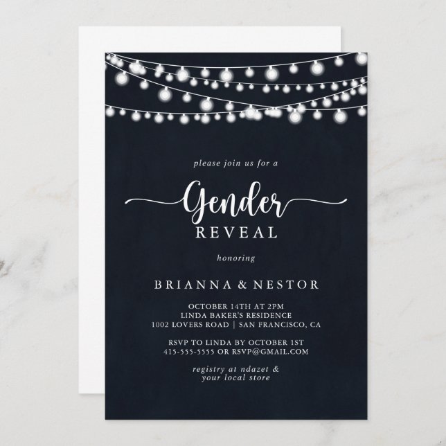 Rustic String Lights Gender Reveal Party  Invitation (Front/Back)