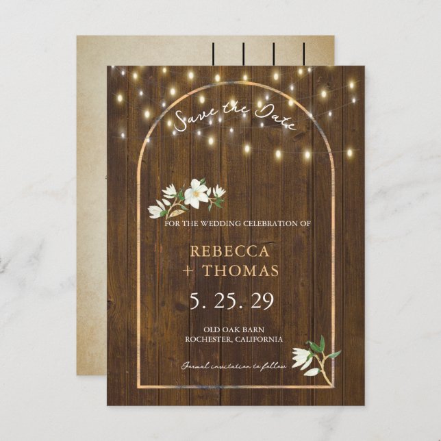 Rustic String Lights Gold Arch Magnolia Announcement Postcard (Front/Back)