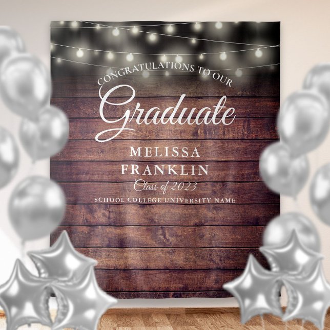 Rustic String Lights Graduation Party Backdrop Tapestry (Creator Uploaded)
