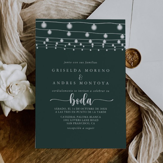 Rustic String Lights Green Spanish Wedding  Invitation (Creator Uploaded)