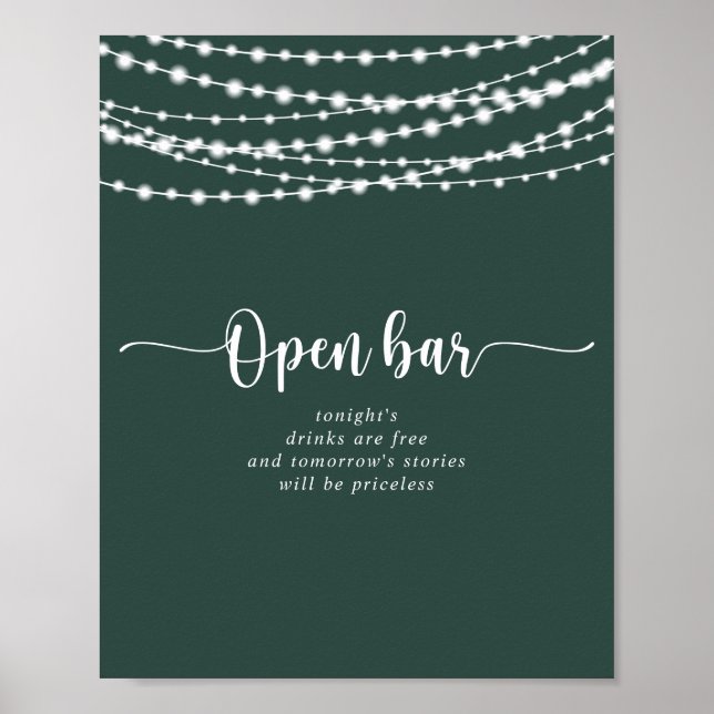 Rustic String lights Green Wedding Open Bar  Poster (Front)