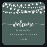 Rustic String Lights Green Wedding Welcome   Square Sticker<br><div class="desc">This rustic string lights green wedding welcome square sticker is perfect for a classic wedding. The design features beautiful hand-painted string lights in a green background.

These labels are perfect for hotel guest welcome bags and destination weddings.</div>