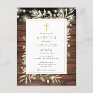 Rustic String Lights Greenery Baptism Invitation