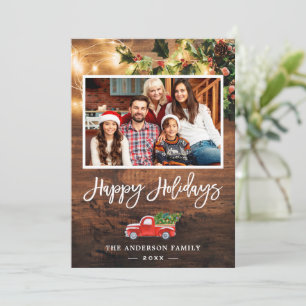 Rustic String Lights Happy Holidays Script Photo Holiday Card