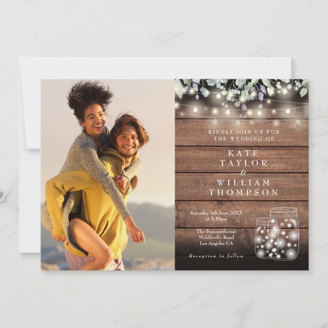 Rustic String Lights Jars Greenery Photo Wedding Invitation (Front)