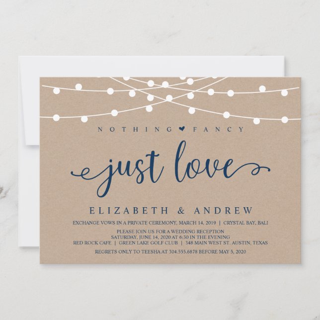 Rustic String Lights, Kraft, Navy Blue, Elopement Invitation (Front)