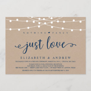 Rustic String Lights, Kraft, Navy Blue, Elopement Invitation
