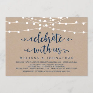 Rustic String Lights, Kraft Navy Blue, Elopement Invitation