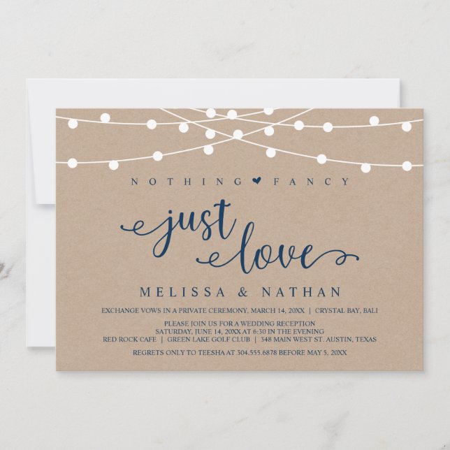 Rustic String Lights, Kraft Navy Blue, Elopement Invitation (Front)