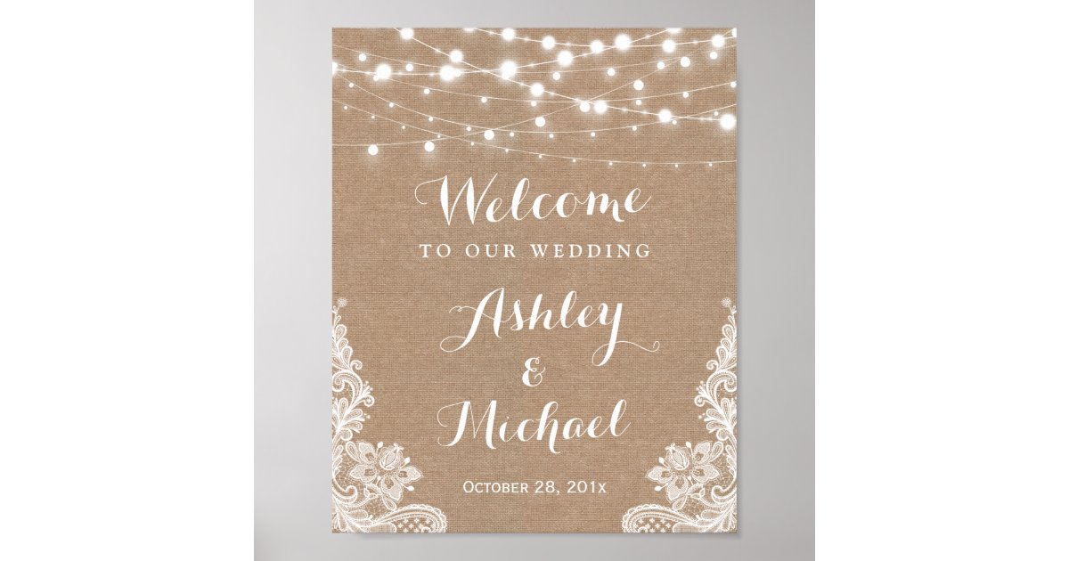 Rustic String Lights Lace Burlap Wedding Sign | Zazzle