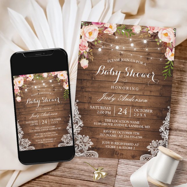 Rustic String Lights Lace Floral Baby Shower Invitation (Creator Uploaded)