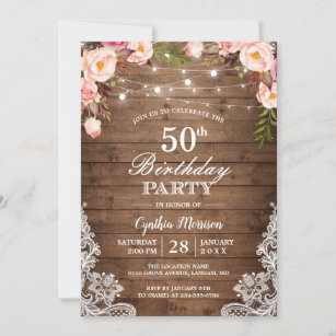 Rustic String Lights Lace Floral Birthday Party Invitation