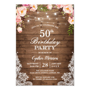 Rustic String Lights Lace Floral Birthday Party Invitation