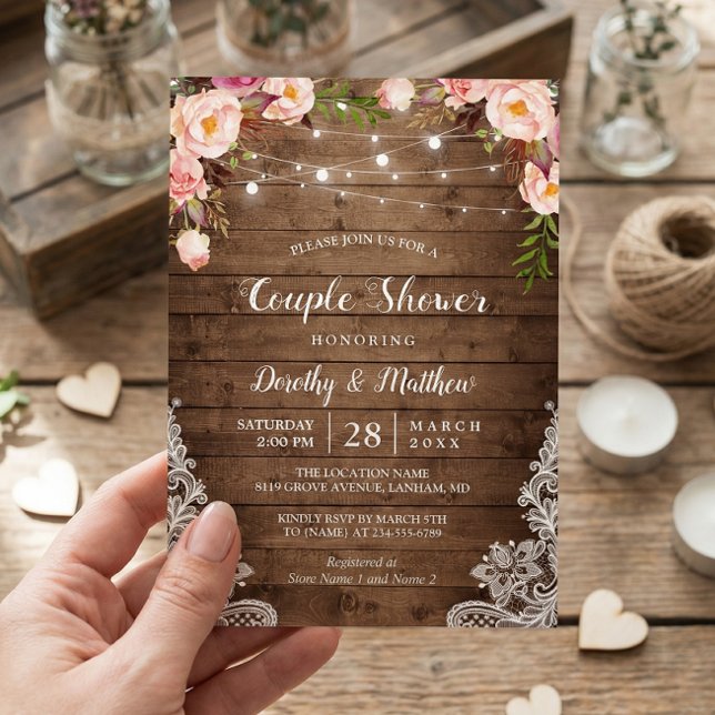 Rustic String Lights Lace Floral Couple's Shower Invitation (Creator Uploaded)