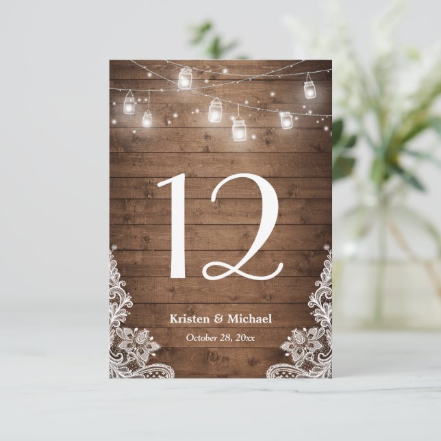 Rustic String Lights Lace Wedding Table Number (Standing Front)
