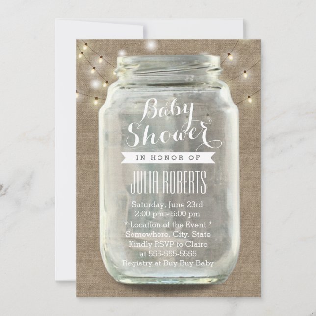 Rustic String Lights Mason Jar Burlap Baby Shower Invitation (Front)