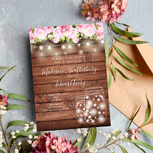 Rustic String Lights Mason Jar Floral Wedding Invitation