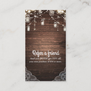 Rustic String Lights Mason Jar Lace Refer a Friend Referral Card