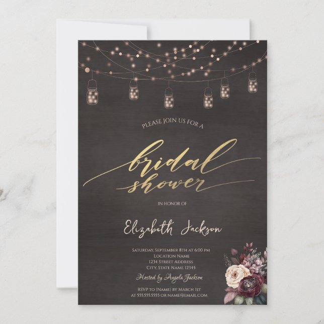 Rustic String Lights Mason Jar Rose Bridal Shower  Invitation (Front)