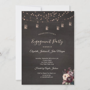 Rustic String Lights Mason Jar Roses Engagement Invitation