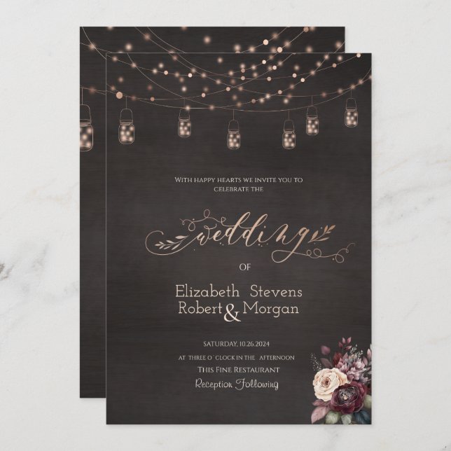 Rustic String Lights Mason Jar Roses Wedding  Invitation (Front/Back)