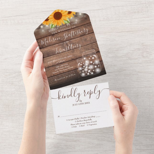 Rustic String Lights Mason Jar Sunflowers Wedding  All In One Invitation (Tearaway)