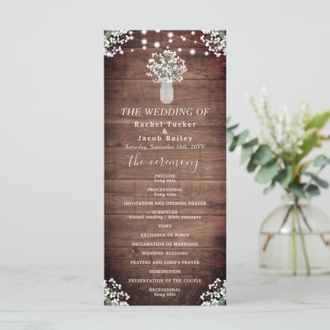 Rustic String Lights Mason Jar Wedding Program (Standing Front)