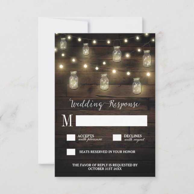 Rustic String Lights Mason Jar Wedding RSVP Cards (Front)