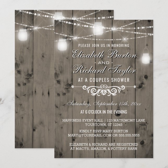 Rustic String Lights Mason Jars Couples Shower Invitation (Front/Back)