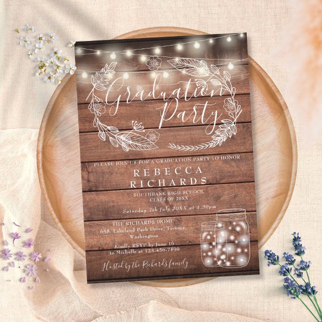 Rustic String Lights Mason Jars Graduation Party Invitation (Creator Uploaded)