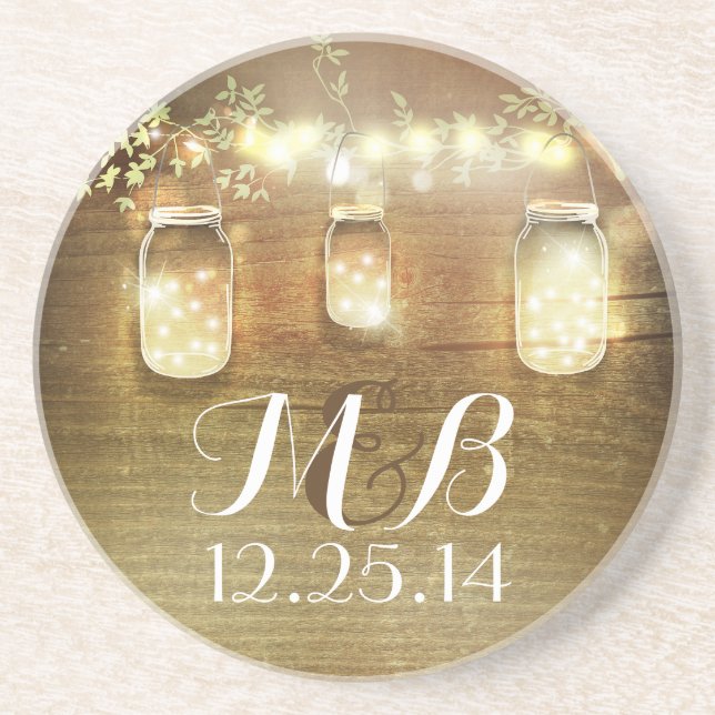 Rustic String Lights Mason Jars Wedding Coaster (Front)