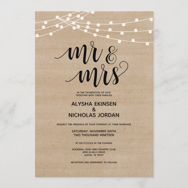 Rustic string lights Mr and Mrs Wedding Invitation (Front)