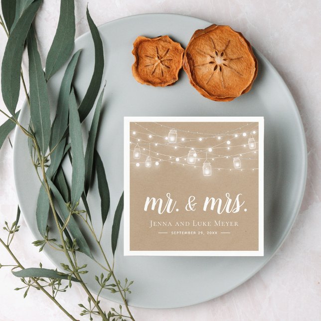 Rustic String Lights Mr. and Mrs. Wedding Monogram Napkin (Creator Uploaded)
