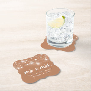 Rustic String Lights Mr. and Mrs. Wedding Monogram Paper Coaster