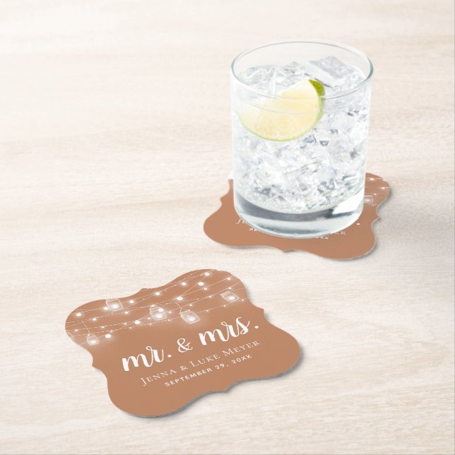 Rustic String Lights Mr. and Mrs. Wedding Monogram Paper Coaster (Insitu)