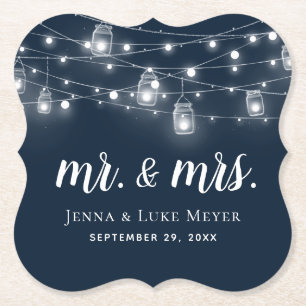 Rustic String Lights Mr. and Mrs. Wedding Monogram Paper Coaster