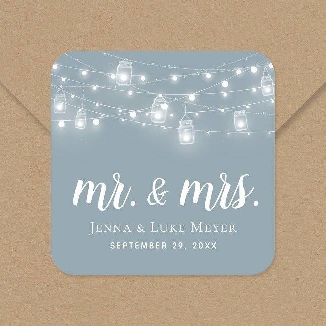 Rustic String Lights Mr. and Mrs. Wedding Monogram Square Sticker (Creator Uploaded)