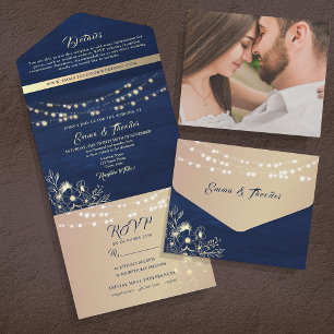 Rustic String Lights Navy and Gold Wedding All In One Invitation