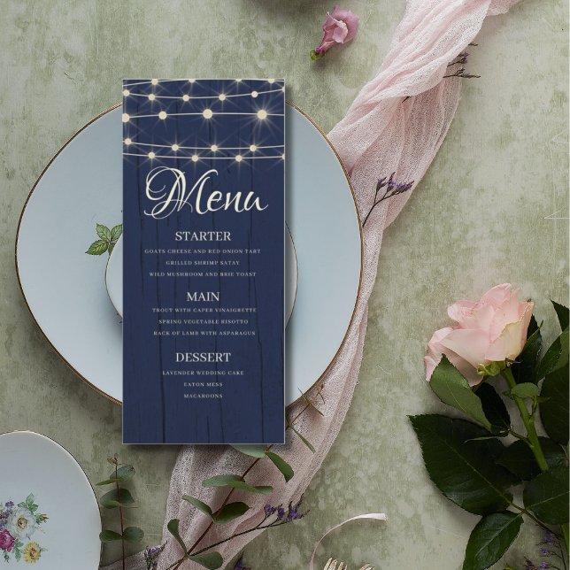Rustic String Lights Navy Blue Wood Wedding  Menu (Creator Uploaded)