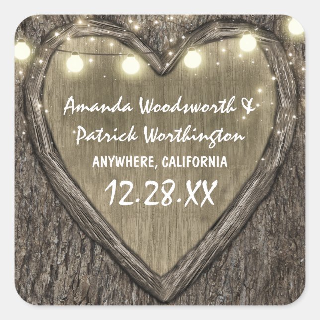 Rustic String Lights Oak Tree Bark Wedding Favours Square Sticker (Front)