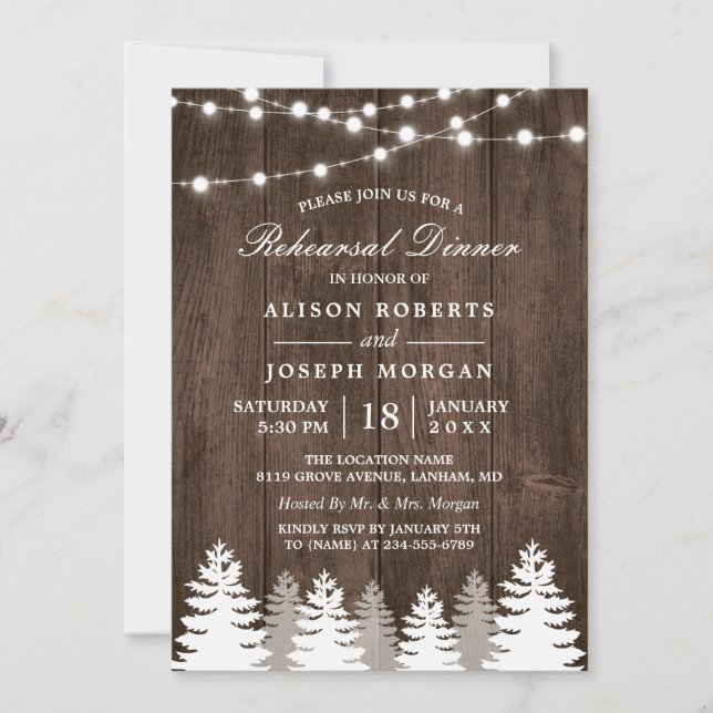 Rustic String Lights Pine Tree Rehearsal Dinner Invitation (Front)