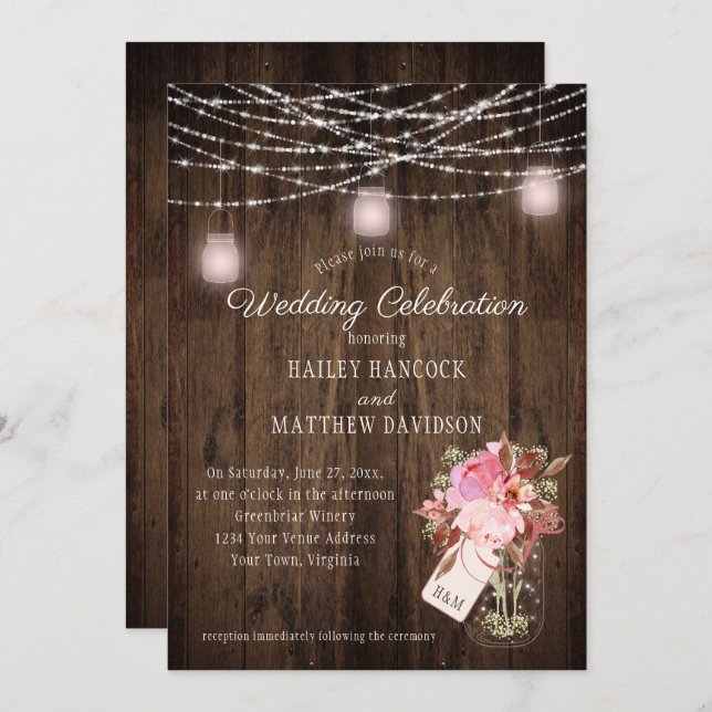 Rustic String Lights Pink Mason Jars Wedding Invitation (Front/Back)