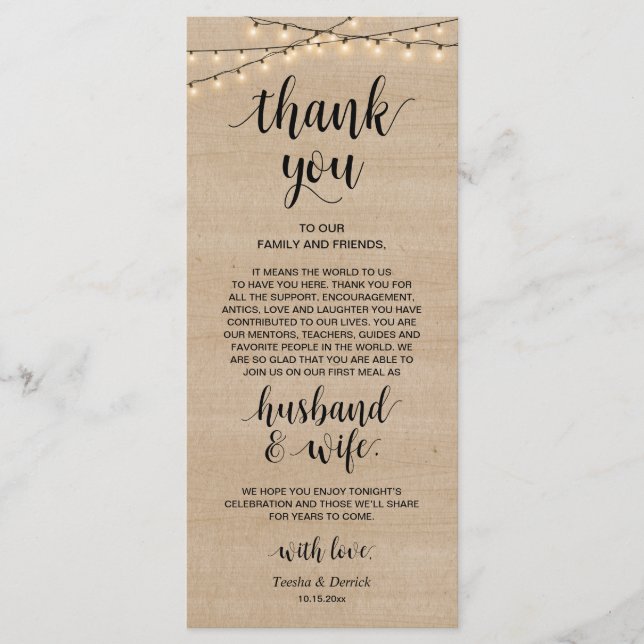 Rustic String lights, Place Setting Thank You Card (Front)