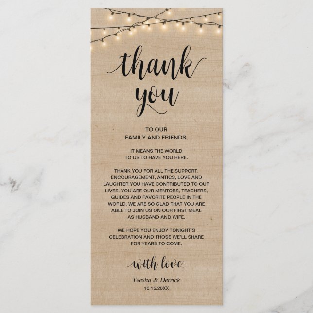 Rustic String Lights, Place Setting Thank You Card (Front)