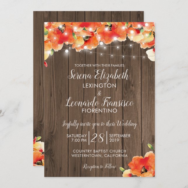 Rustic String Lights Poppy Summer Wedding Invitation (Front/Back)