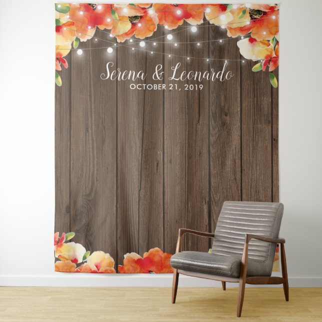 Rustic String Lights Poppy Wedding Photo Booth Tapestry (In Situ)