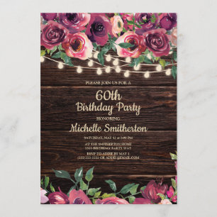 Rustic String Lights Purple Floral 60th Birthday Invitation