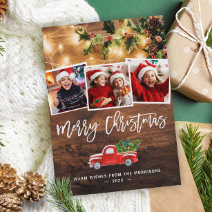Rustic String Lights Red Christmas Truck 4 Photo Holiday Card